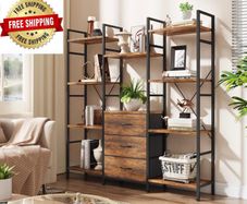 4-Tier Bookcase with Drawers, 100cm Wide Rustic Brown Shelving Unit 142cm Height, 10 Open Shelves + 3 Fabric Drawers, Industrial Rustic, For Living/Bedroom/Home Office, Large Storage