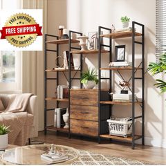 4-Tier Bookcase with Drawers, 100cm Wide Rustic Brown Shelving Unit 142cm Height, 10 Open Shelves + 3 Fabric Drawers, Industrial Rustic, For Living/Bedroom/Home Office, Large Storage