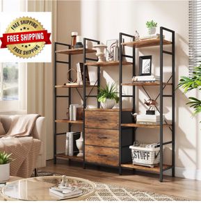 4-Tier Bookcase with Drawers, 100cm Wide Rustic Brown Shelving Unit 142cm Height, 10 Open Shelves + 3 Fabric Drawers, Industrial Rustic, For Living/Bedroom/Home Office, Large Storage