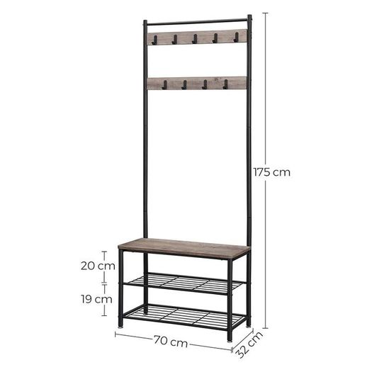 Coat stand coat rack, clothes rack with shoe racks, shoe rack with seat, for hallway, with hook, 3 shelves, made of metal, height 175 cm, industrial design,