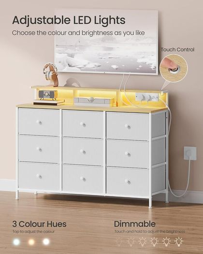 Chest of Drawers Bedroom With Charging Station, Steel Frame 9 Fabric Drawers and LED Lights
