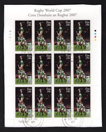 2007 Ireland Rugby World Cup France (Paul O Connell and Players in lineout) Commemorative Stamp Sheetlets Plate 1B1B1B1B fine Used with Dublin cancel of 17th July 2007 (First day of issue)