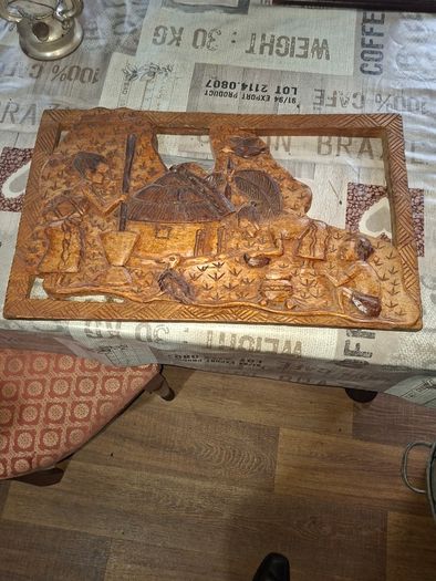 Beautiful Large Old Hand-Carved Wood Panel Indonesian Rural Village Life Scene Sculpture. Post Available, Beautifully carved from a single piece of wood Ideal for Home or Stage Movie Props