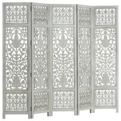 Hand Carved 5-Panel Room Divider Grey 200x165 cm Solid Mango Wood