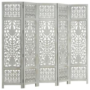 Hand Carved 5-Panel Room Divider Grey 200x165 cm Solid Mango Wood