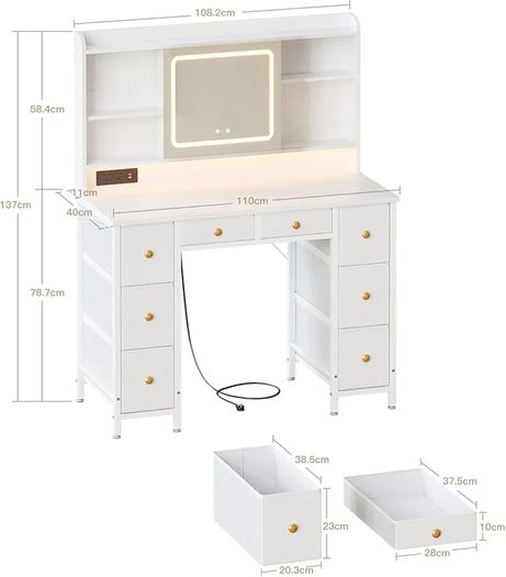 Vanity Desk with Movable LED Mirror and 8 Drawers, Dressing Table with Built-in USB Power Outlets & RGB Light Strip Vanity Table with 4-Layer Adjustable Shelves, White Makeup Desk 110x40x137cm
