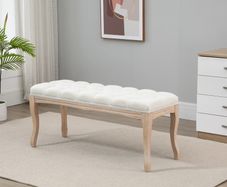 110cm Upholstered Bench, Linen Fabric Ottoman Stool with Button Tufted Seat, and Rubber Wood Legs