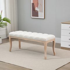 110cm Upholstered Bench, Linen Fabric Ottoman Stool with Button Tufted Seat, and Rubber Wood Legs