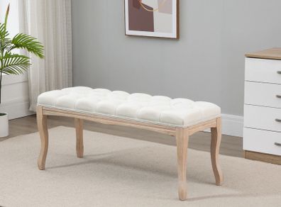 110cm Upholstered Bench, Linen Fabric Ottoman Stool with Button Tufted Seat, and Rubber Wood Legs
