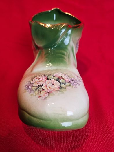 Staffordshire Style Porcelain Boot Vase - Green with Roses ,  Decor or Cactus Planter