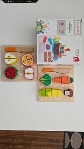 Wooden vegetables and cake