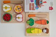 Wooden vegetables and cake