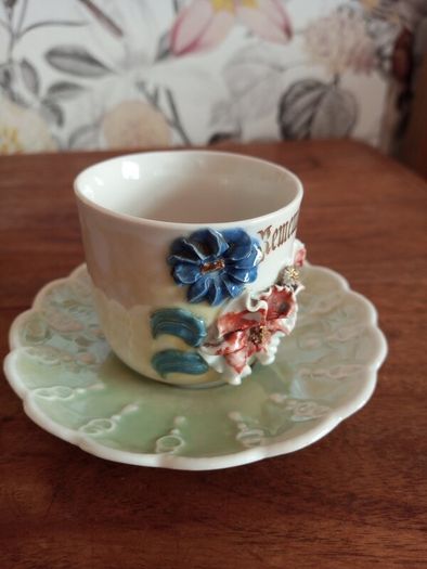 Victorian Remember Me Ceramic Tea cup and saucer.