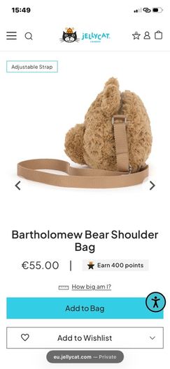 New JELLYCAT Bartholomew Bear Shoulder Bag