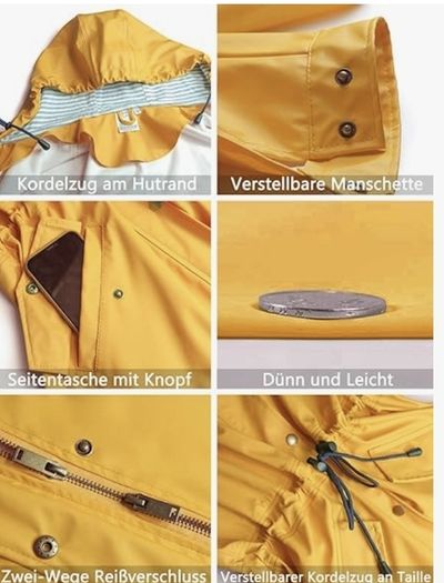 Women's PU Rain Jacket with Hood, Waterproof Windbreaker