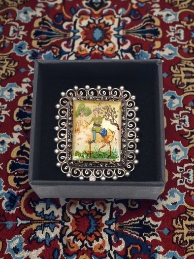 Antique Persian Hand Painted MOP Silver Brooch