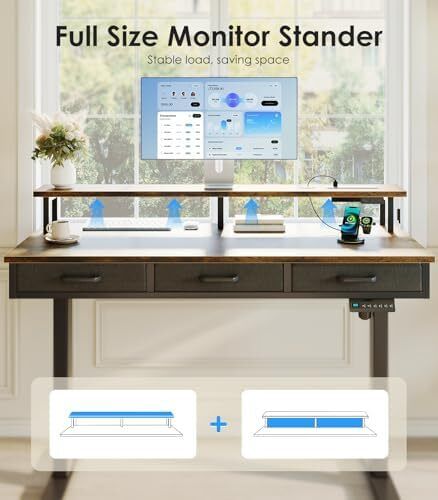 Electric Standing Desk, 120 x 54cm Height Adjustable Desk with 3 Drawers, RGB LED Strip & Charging Station