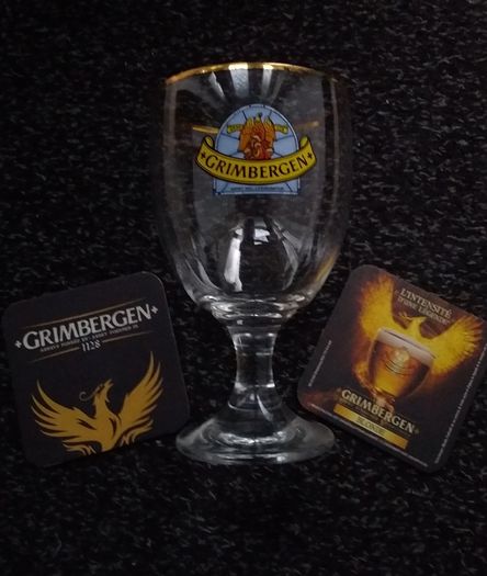 Grimbergen Half Litre , Gold Rimmed Goblet Style , Beer Glass and 2 Beer Mats