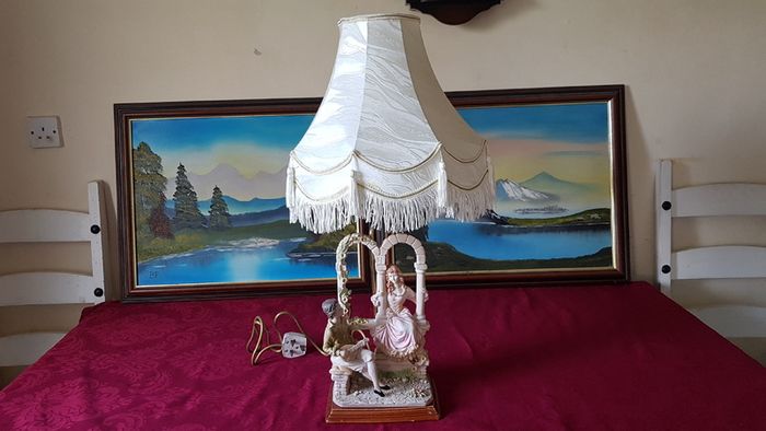 Capodimonte Italian Figurine Signed Large Table Lamp With Silky White Shade 27 Inches Tall