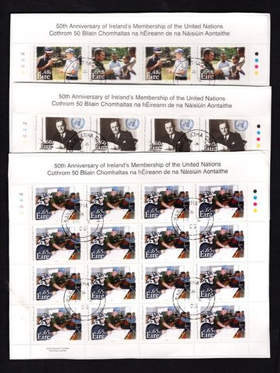 2005 Ireland 50th Anniversary of the Ireland's Membership of the United Nations Commemorative Stamp Sheetlet Plate 1A1A1A1A Fine CDS Used with Dublin cancel of 14th October 2005 (First day of issue) on envelope extract.