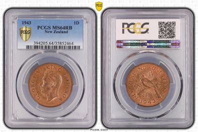 New Zealand 1943 1d penny PCGS MS64RB Rare this nice