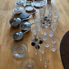 Various Kitchen Utensils / Crystal Glasses / Pots ( aren't in good condition) / Plates with floral print /Jars
