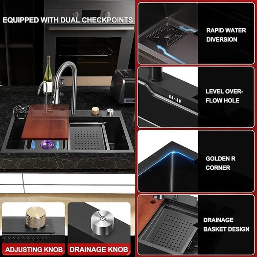 New Stainless Steel Waterfall Sink - Drop In Single Bowl Workstation Sink With Cup Washer (Black, 75x46cm)