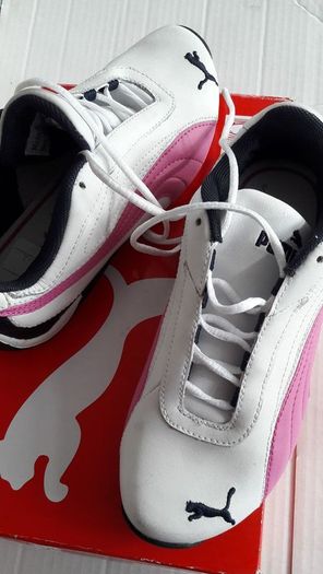 New pink white and navy junior puma trainers