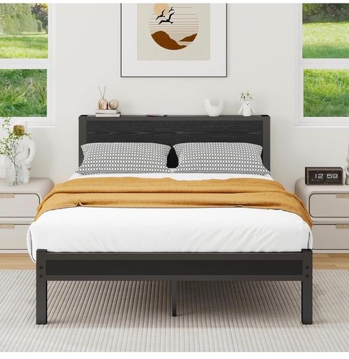 Double Bed Frame with Wooden Storage Shelf Headboard, Metal Platform Bed Frame Double Bed, No Box Spring Needed, Enhanced Support, Black
