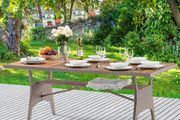 Weatherproof Patio Dining Table 8 seater with Storage Shelf  Acacia Wood &amp; Rattan, Seats 8 Polyrattan Garden Dining Table with FSC Acacia Wood Top 190 x 90 cm Weatherproof Outdoor Table