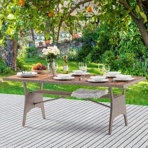Weatherproof Patio Dining Table 8 seater with Storage Shelf  Acacia Wood & Rattan, Seats 8 Polyrattan Garden Dining Table with FSC Acacia Wood Top 190 x 90 cm Weatherproof Outdoor Table