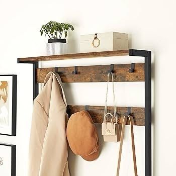 Coat Rack, Hall Tree with 8 Hooks, Shoe Bench, Storage Shelves, for Entryway, Bedroom, Steel Frame, Industrial Style, Rustic Brown and Black