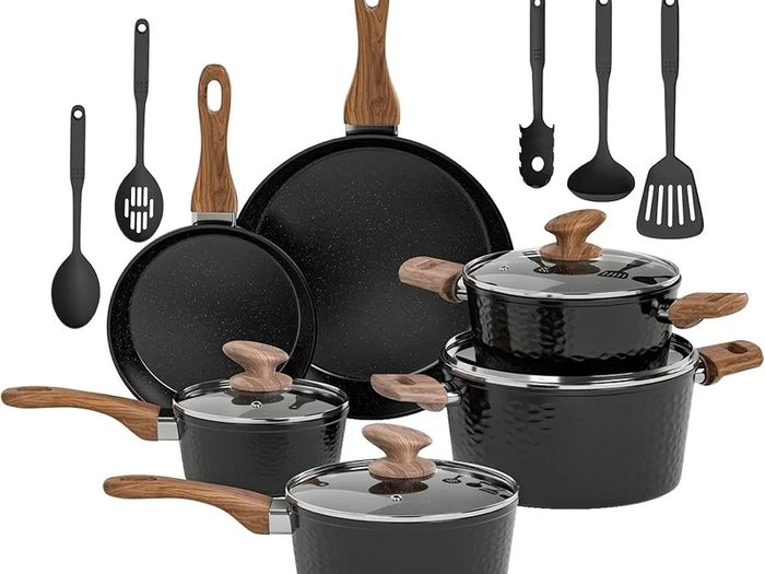 Kitchen Academy Non Stick Cookware, Pots Pans Sets with Lids 15PCS Black Induction Hob Pan Set, Saucepan Set, Granite Cookware, Nonstick Frying Pan, Cooking Pot Pancake Sets Non Toxic for All Hobs