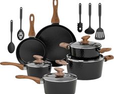 Kitchen Academy Non Stick Cookware, Pots Pans Sets with Lids 15PCS Black Induction Hob Pan Set, Saucepan Set, Granite Cookware, Nonstick Frying Pan, Cooking Pot Pancake Sets Non Toxic for All Hobs