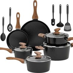 Kitchen Academy Non Stick Cookware, Pots Pans Sets with Lids 15PCS Black Induction Hob Pan Set, Saucepan Set, Granite Cookware, Nonstick Frying Pan, Cooking Pot Pancake Sets Non Toxic for All Hobs