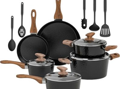 Kitchen Academy Non Stick Cookware, Pots Pans Sets with Lids 15PCS Black Induction Hob Pan Set, Saucepan Set, Granite Cookware, Nonstick Frying Pan, Cooking Pot Pancake Sets Non Toxic for All Hobs