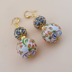 Afghani Handcrafted Colorful Enamel & Sparkling Brass Beaded Drop Earrings Vintage Ethnic Design