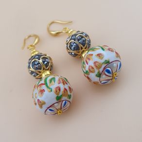 Afghani Handcrafted Colorful Enamel & Sparkling Brass Beaded Drop Earrings Vintage Ethnic Design