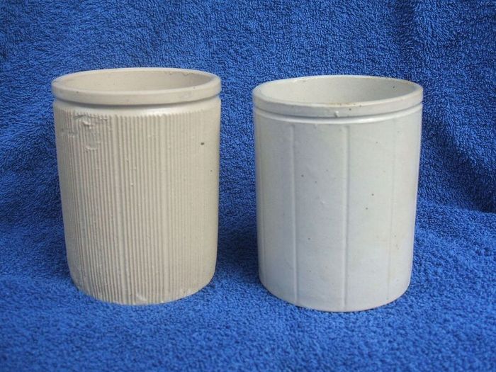 W. P. HARTLEY (jams, marmalades & jellies) - two antique stoneware jars, one with lighthouse imprint (c.1900)