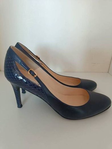 L.K. Bennett London Navy Leather & Croc-Effect Heels - EU 40