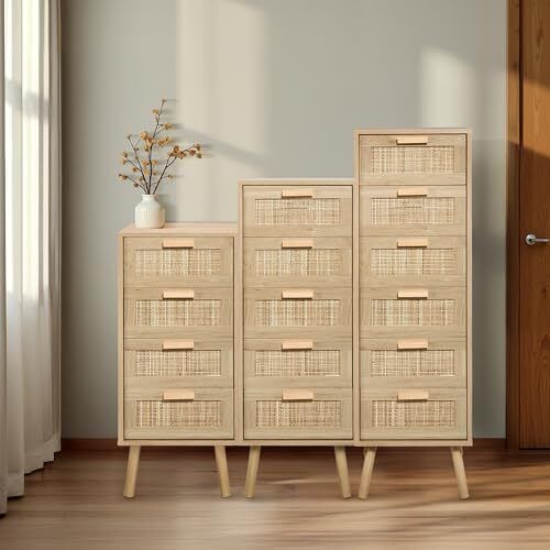 Rattan Chest of Drawers Bedroom, Tall Chester of Drawers with 6 Hand Made Rattan Decorated Drawers for Bedroom, Small Bedside Cabinet with Wood Legs, Natural