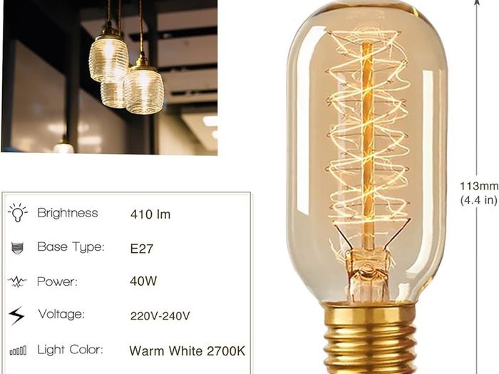 NEW SALE | Vintage Edison Light Bulb 40W, 4 Pack Dimmable Decorative Filament Tube T45 Bulbs, 2700K, 230V