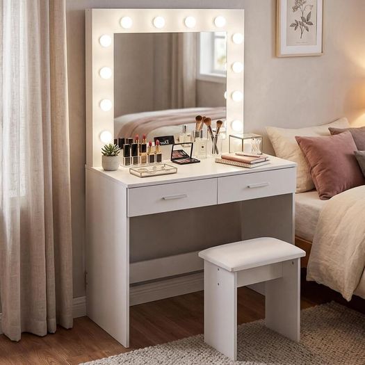LED Dressing Table Set Vanity Makeup Table 2 Large Drawers (Black White)