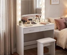 LED Dressing Table Set Vanity Makeup Table 2 Large Drawers (Black White)