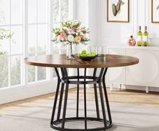 Round Dining Table 120cm with Wooden Top and Black Metal Base  Seats 4