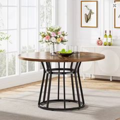 Round Dining Table 120cm with Wooden Top and Black Metal Base  Seats 4