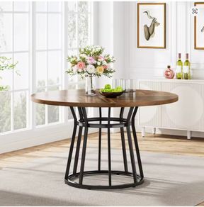 Round Dining Table 120cm with Wooden Top and Black Metal Base  Seats 4