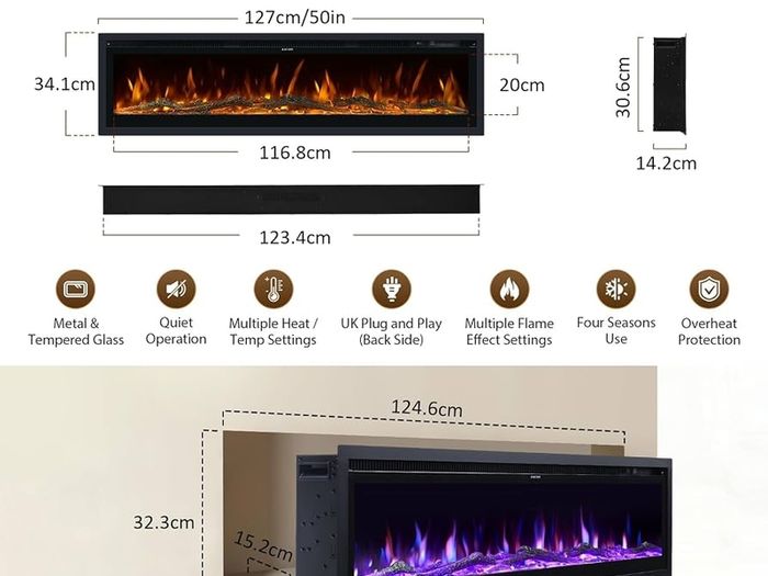 Electric Fire Wall Mounted/Recessed/Freestanding 127cm Electric Fireplace with Remote & Touch Screen Control 12 LED Color Flame Effect, 2 Heat Settings 900W&1800W, Crystal & Log Set