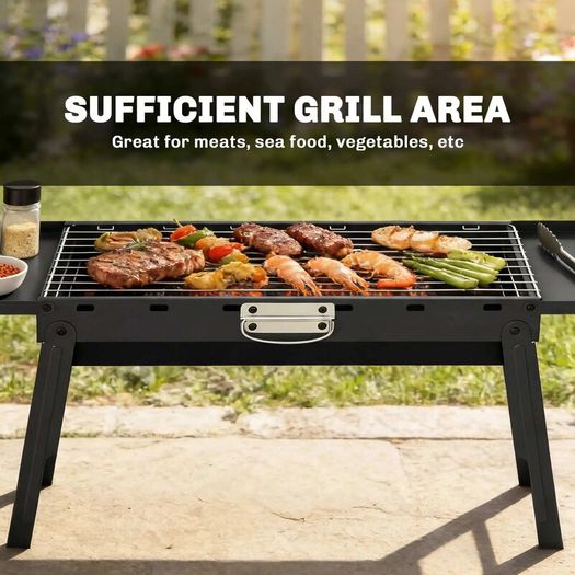 Portable BBQ Grill  Foldable Charcoal Grill with 2 Side Shelves and Handle