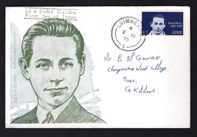 1970 Ireland 50th Anniversary of the Death of Kevin Barry 1s2d Commemorative Stamp Harp Club Illustrated Addressed First Day Cover (FDC)